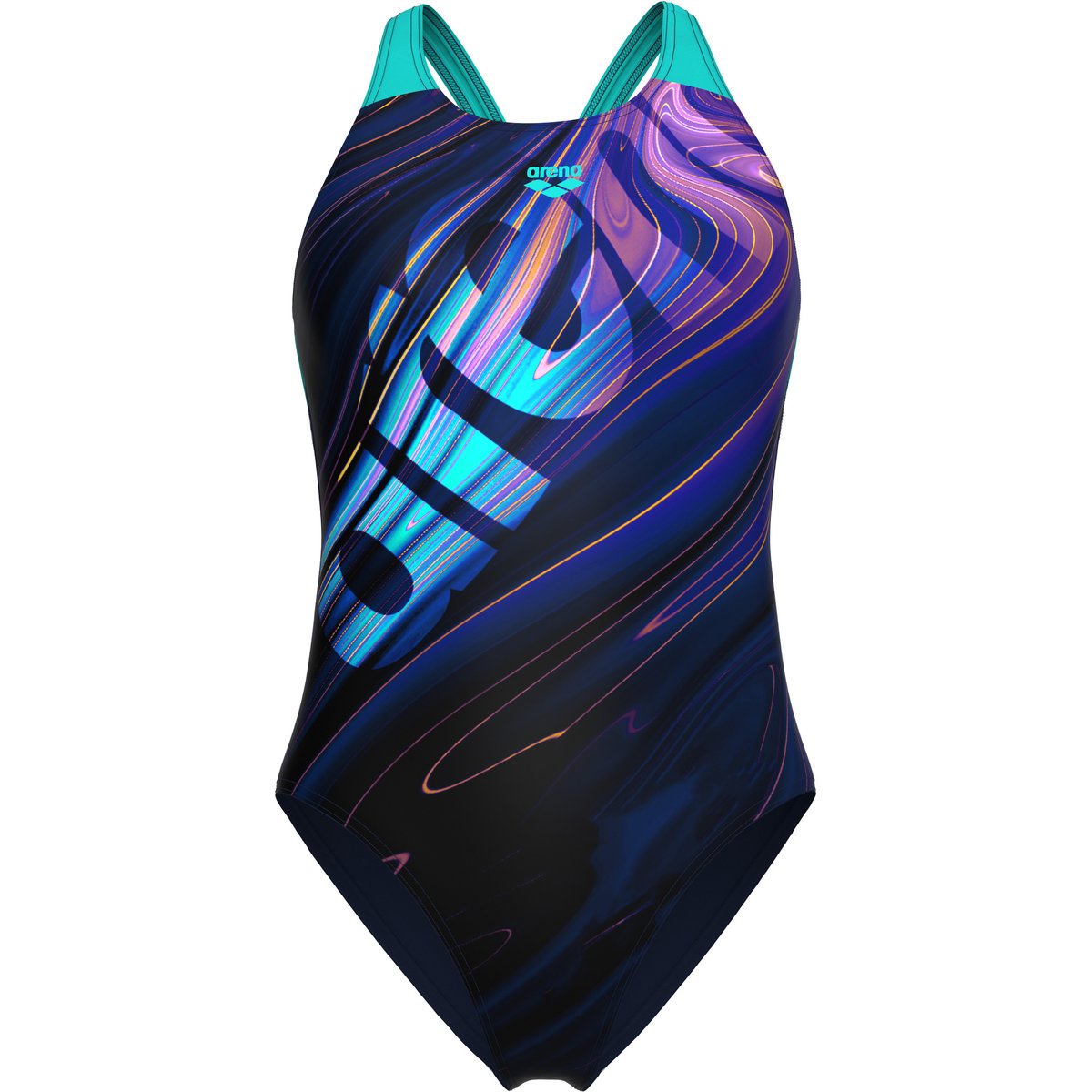 Arena WOMEN'S ARENA FLOW SWIMSUIT V – NAVY MULTI-WATER