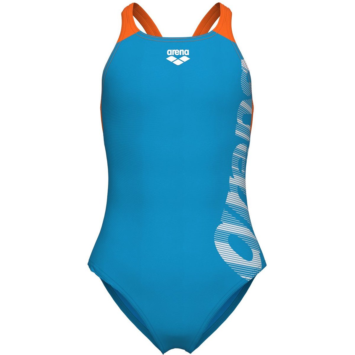 Arena GIRL'S ARENA GRAPHIC SWIMSUIT V BACK – TURQUOISE-TEAM ORANGE