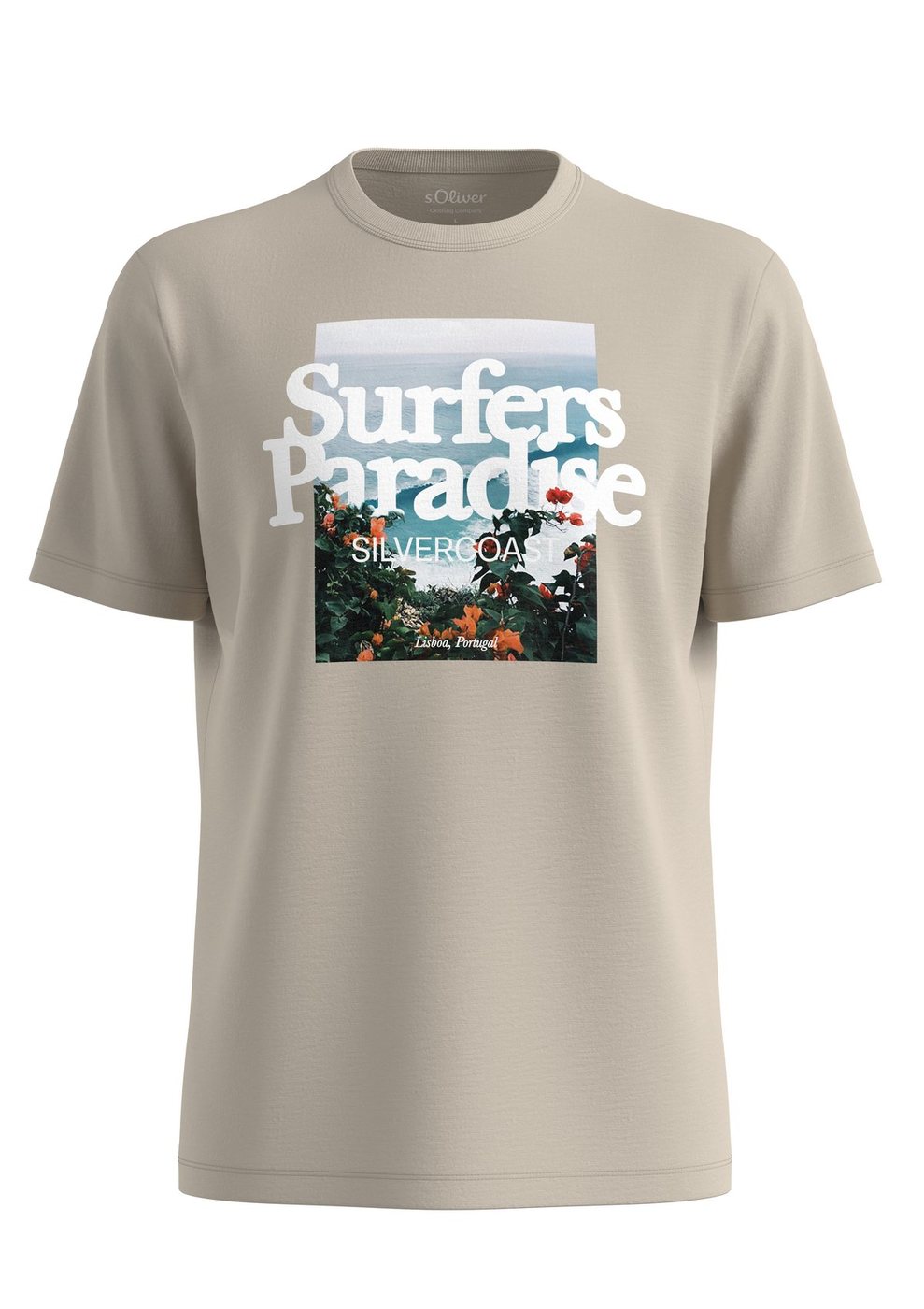 s.Oliver Flammgarn-T-Shirt mit Frontprint und Crew Neck – BROWN
