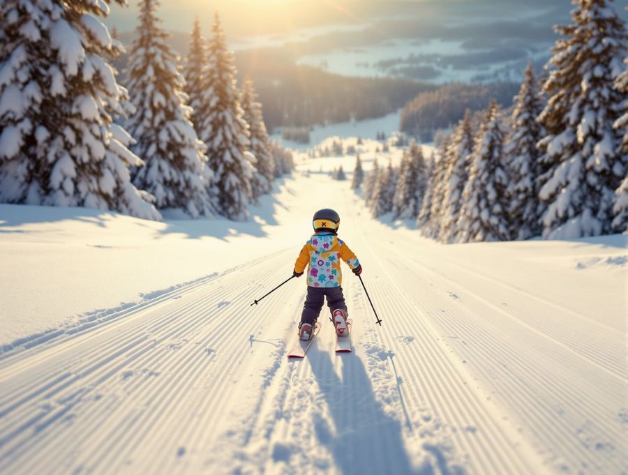 Kind fährt auf Ski den Hang hinunter