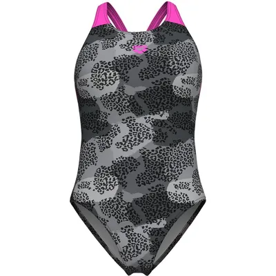 Arena W ARENA CAMO SWIMSUIT V BACK L – BLACK MULTI-SHOCKING PINK