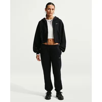 Nike Hosen lang Da Nike Studio Fleece Medium Weight Hose mit mittelhohem Bund und Bündchen (Damen) – TOTAL BLACK/SAIL
