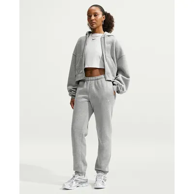 Nike Hosen lang Da Nike Studio Fleece Medium Weight Hose mit mittelhohem Bund und Bündchen (Damen) – Dunkelgrau meliert / Cremeweiß