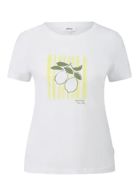 s.Oliver Weiches Baumwoll-T-Shirt mit Frontprint und Ziernaht – WHITE