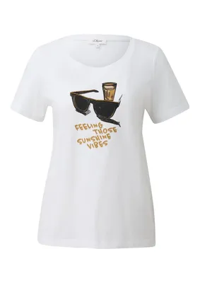 s.Oliver Weiches Baumwoll-T-Shirt mit Frontprint und Rundhalsausschnitt – Weiß