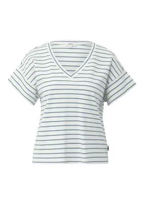 s.Oliver Gestreiftes Interlockjersey-T-Shirt mit V-Ausschnitt – BLUE