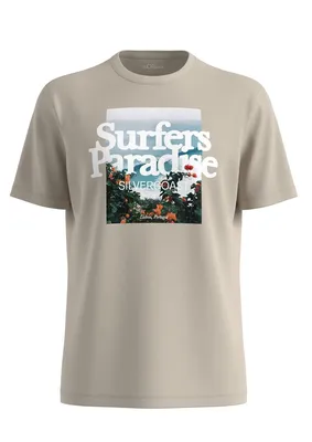 s.Oliver Flammgarn-T-Shirt mit Frontprint und Crew Neck – BROWN